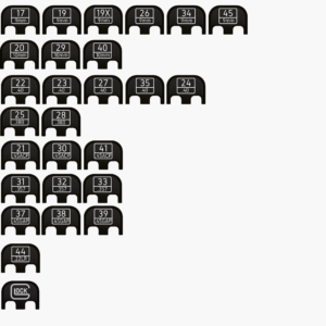 Infographic chart of black Glock rear slide cover plates grouped by model number and caliber compatibility.