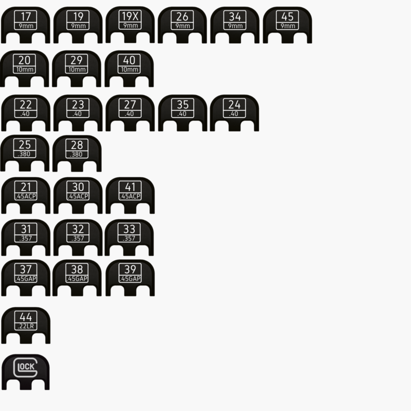 Infographic chart of black Glock rear slide cover plates grouped by model number and caliber compatibility.
