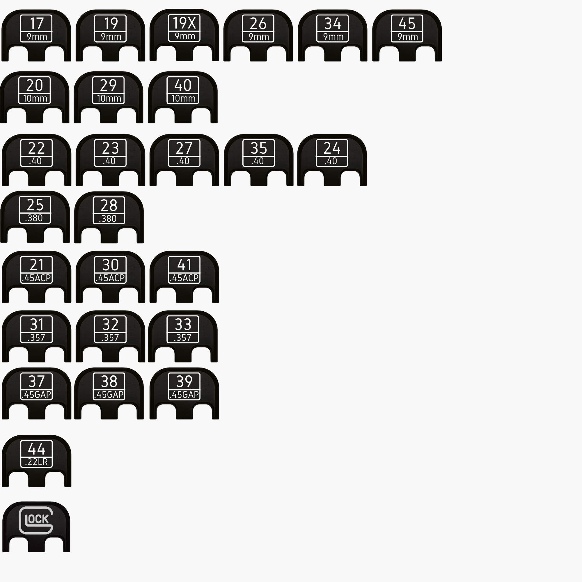 Infographic chart of black Glock rear slide cover plates grouped by model number and caliber compatibility.